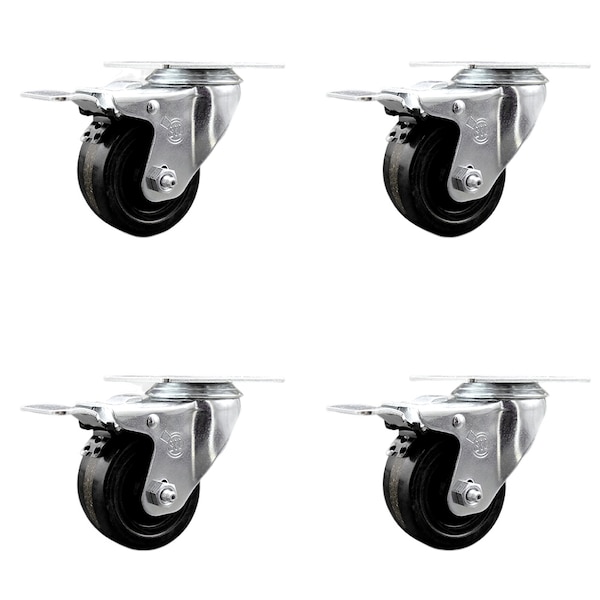 3 Inch SS Phenolic Top Plate Caster Set Total Lock Brake